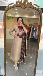 Premium glass tissue lining suit set slim fit but extra margin available golden with wine