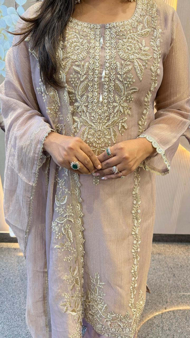 Premium handwork detailing suit set in salsa tissue in baby pink (loose fit )