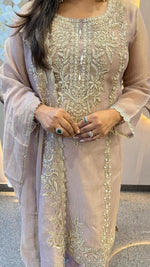 Premium handwork detailing suit set in salsa tissue in baby pink (loose fit )