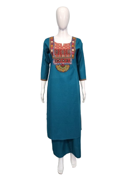 Premium cotton ajrakh detailing in blue kurta pant