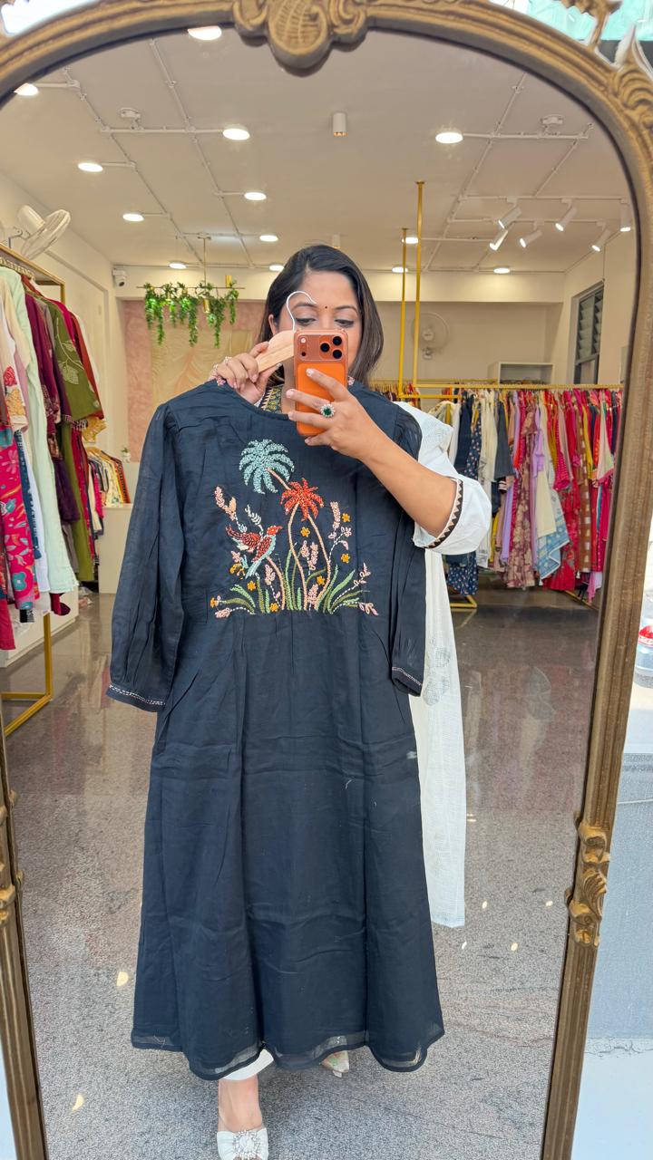 Pure Mul cotton designer back kurta pant in black