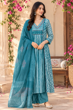 Pretty cotton real mirror block print dupatta set in rama