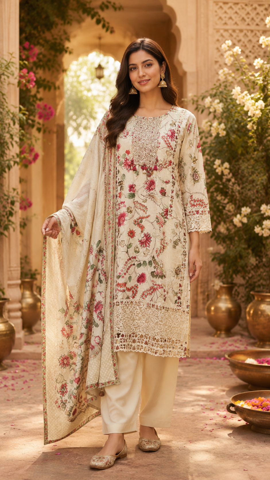 Mul silk Kalamkari lining with lace detailing beige n red suit set