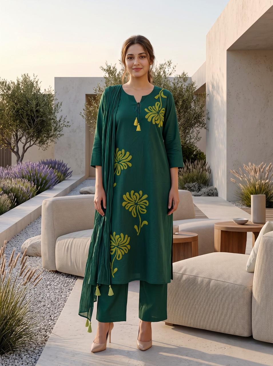 Pretty cotton embroidered suit set in green