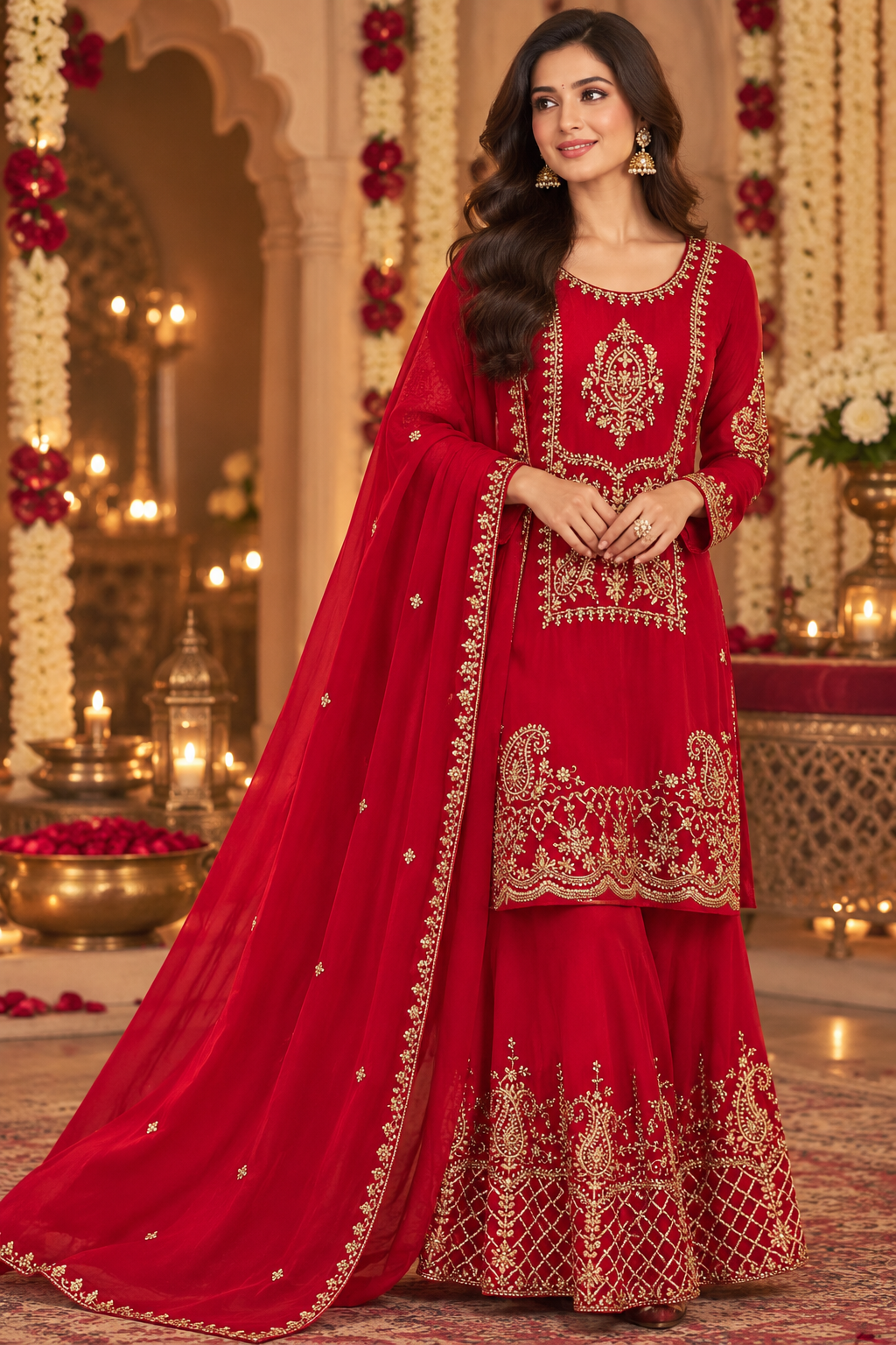 Premium chinon heavy handwork full intricate detailing in red