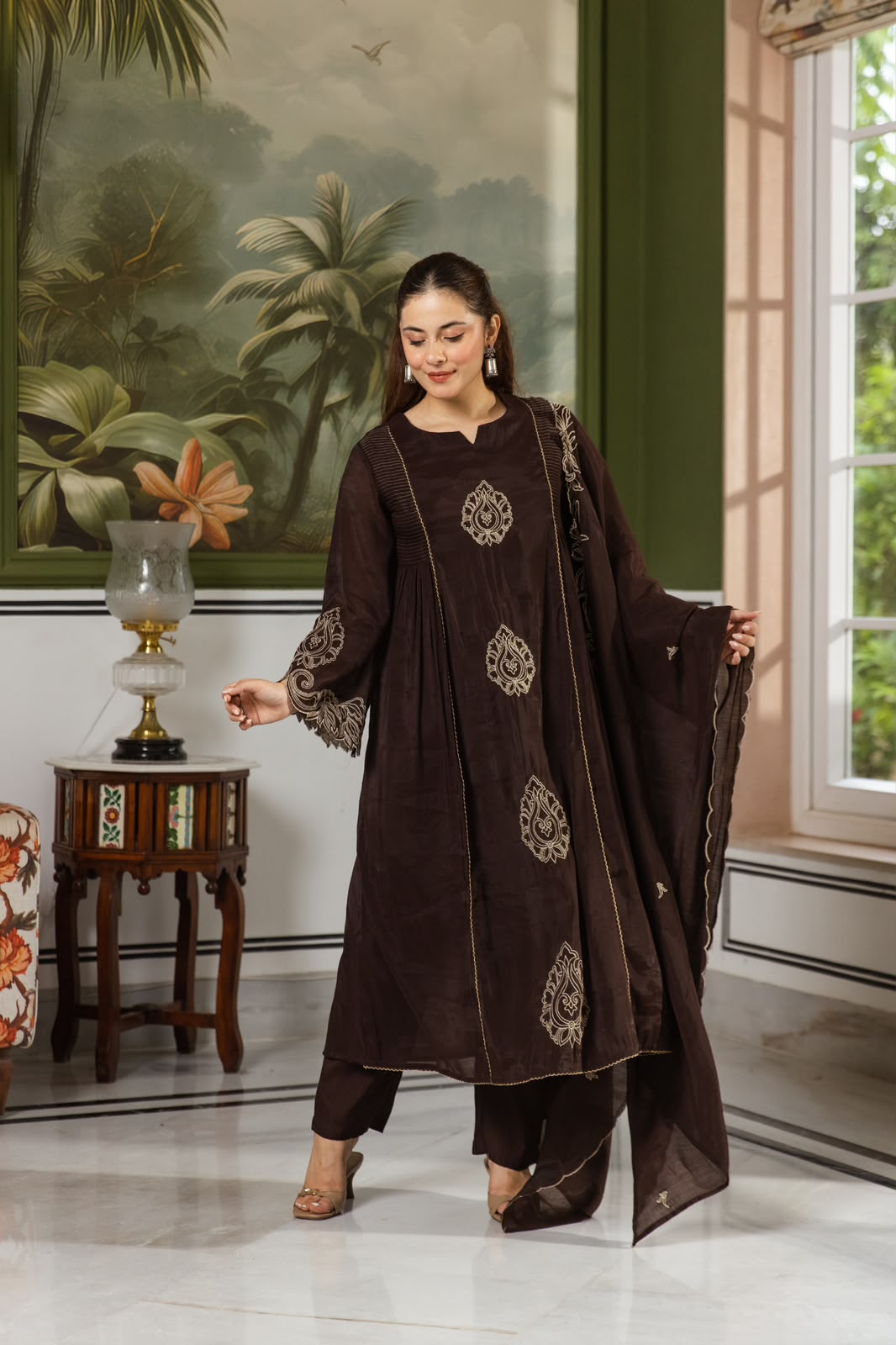Brown Mul chanderi applique embroidered suit set in black