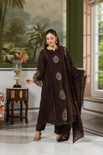 Brown Mul chanderi applique embroidered suit set in black