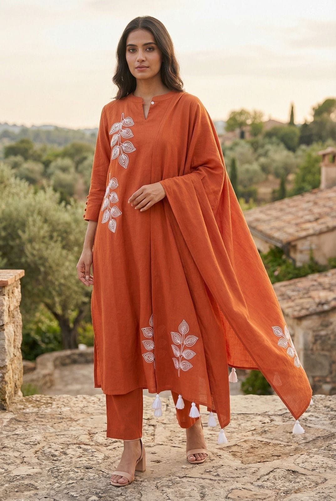 Super pretty designer neck cotton suit set in orange