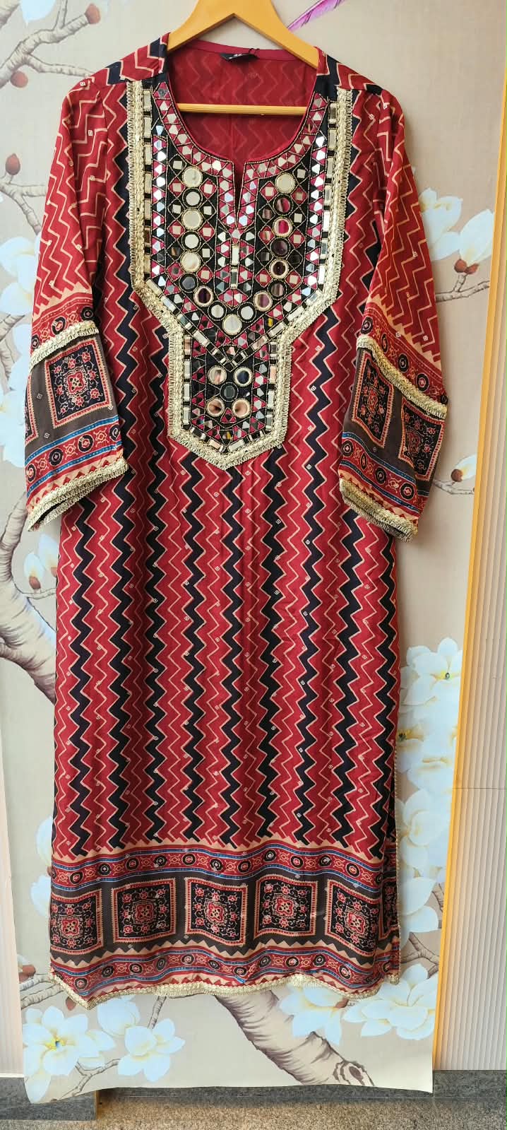 Real mirror ajrakh Phiran kurta pant in red
