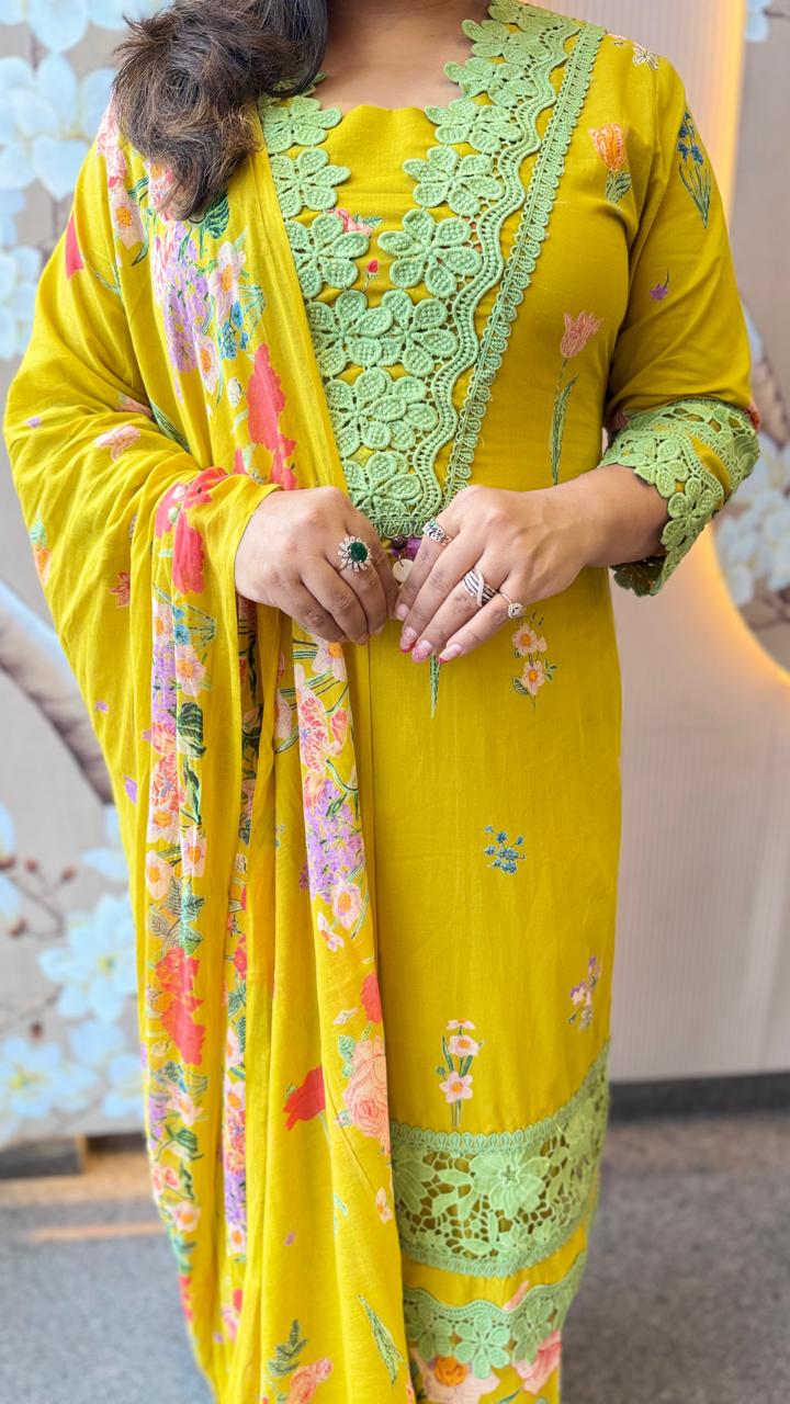 Yellow lace detailing pure cotton suit set