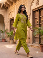 Premium chinon zari detailing co ord in green