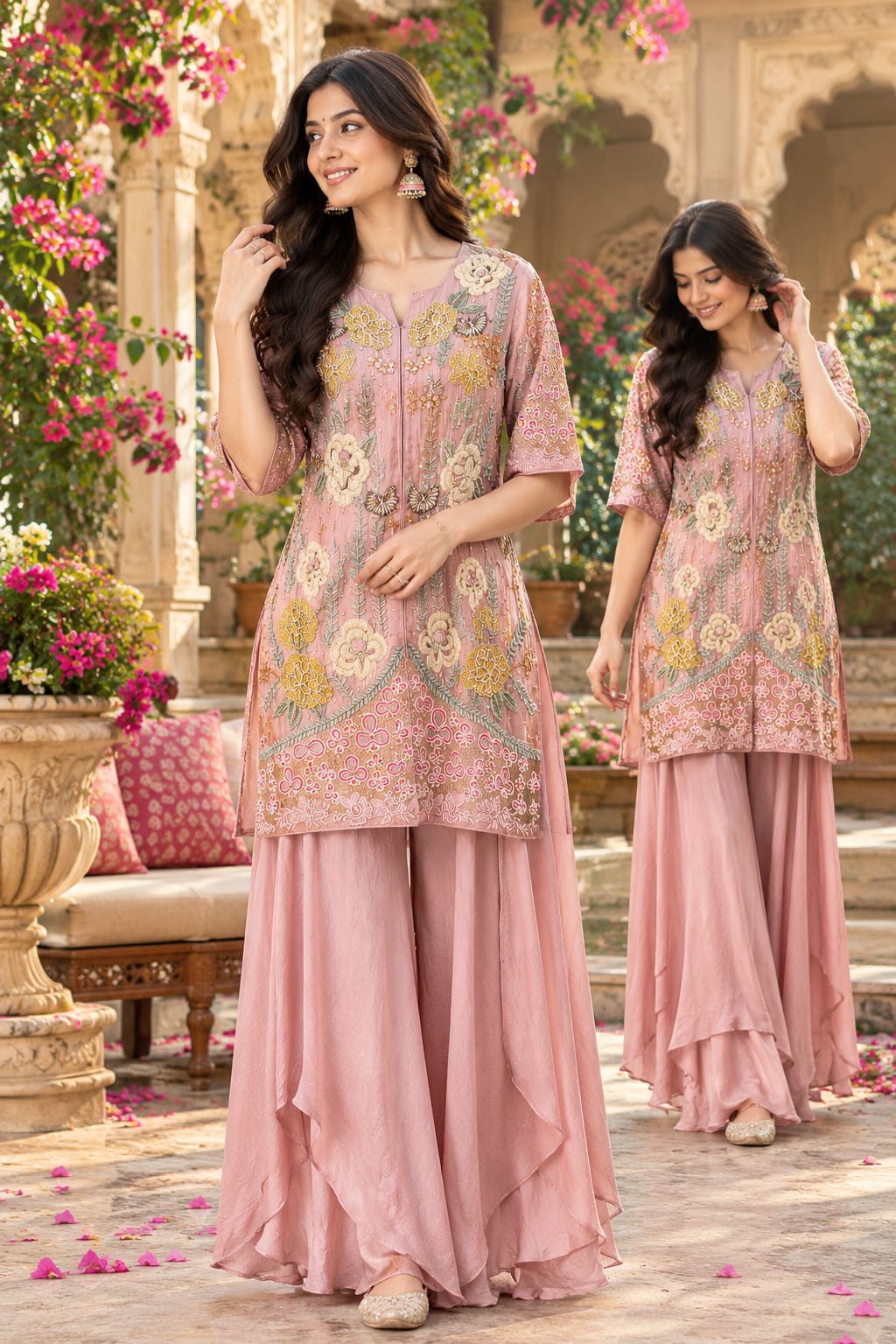 Premium chinon heavy hand embroidery necklace dupatta set with wide plazzo