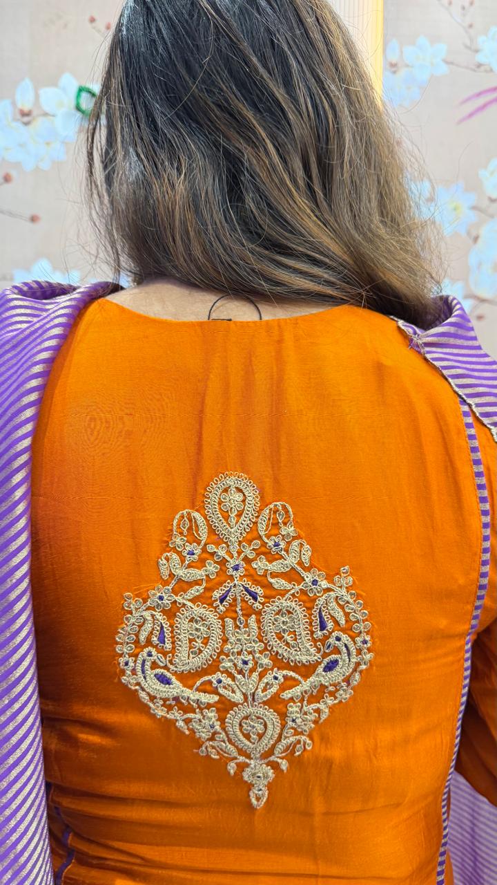 Designer back Russian silk with zari detailing suit set ( slight slim )