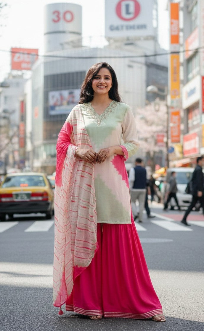 Mul silk sharara set in green n pink