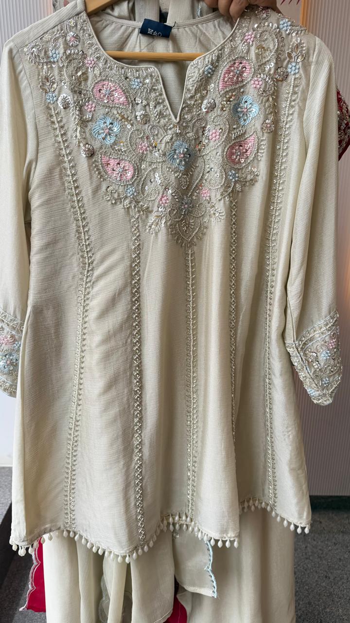 Heavily embellished pretty chinon handwork farshi salwar suit set in cream