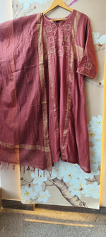 Premium Banarasi Mul chanderi zari detailing full suit set in brown