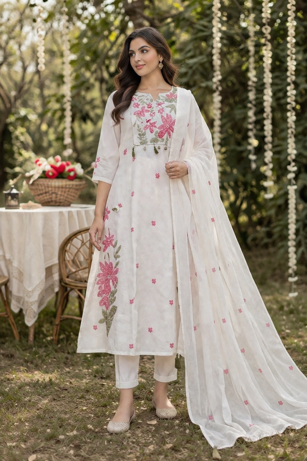 Mul cotton embroidered suit set in white