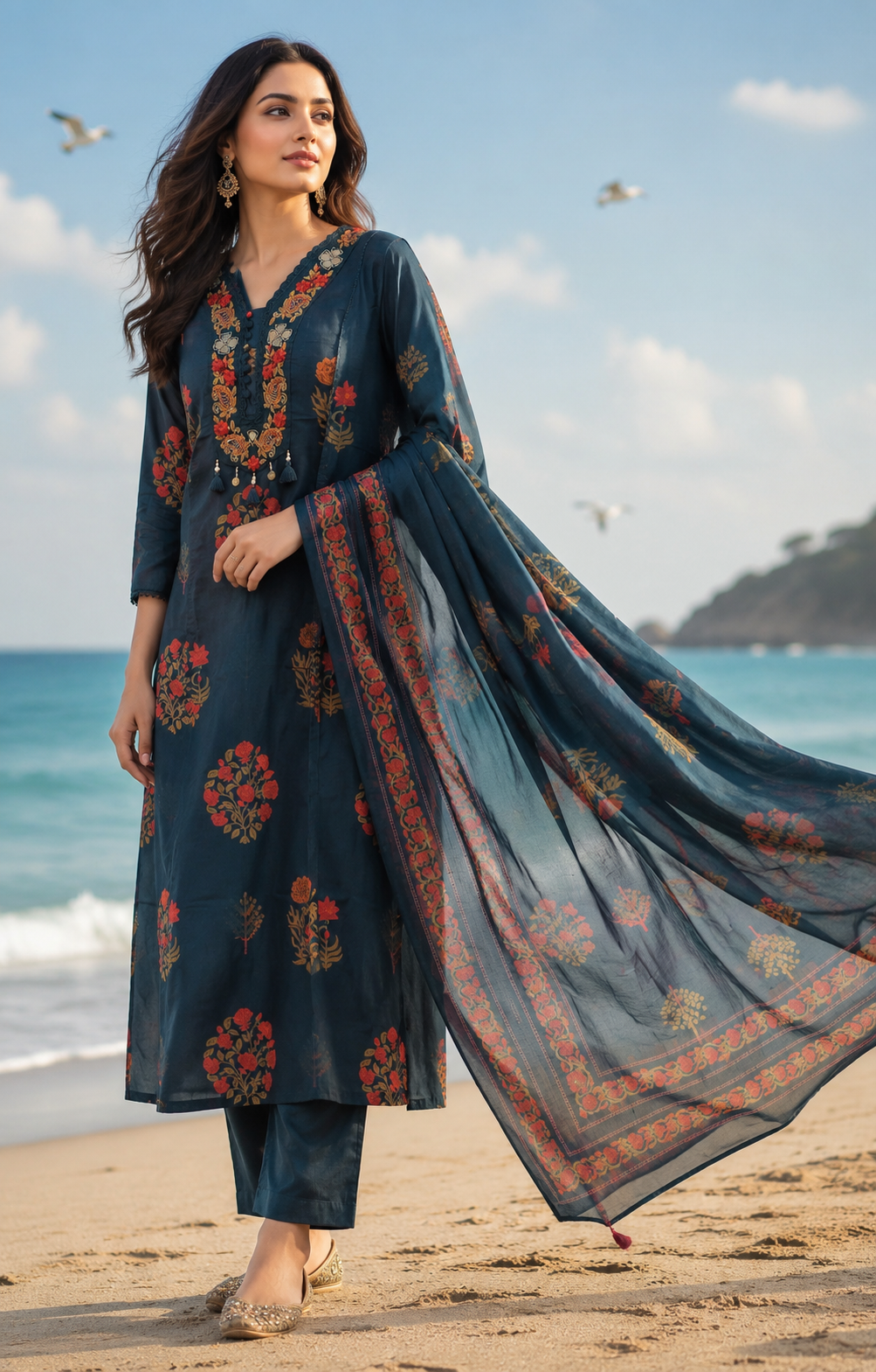 Pure cotton embroidered real mirror designer pocket full cotton suit set in blue