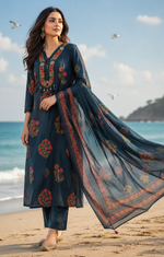 Pure cotton embroidered real mirror designer pocket full cotton suit set in blue