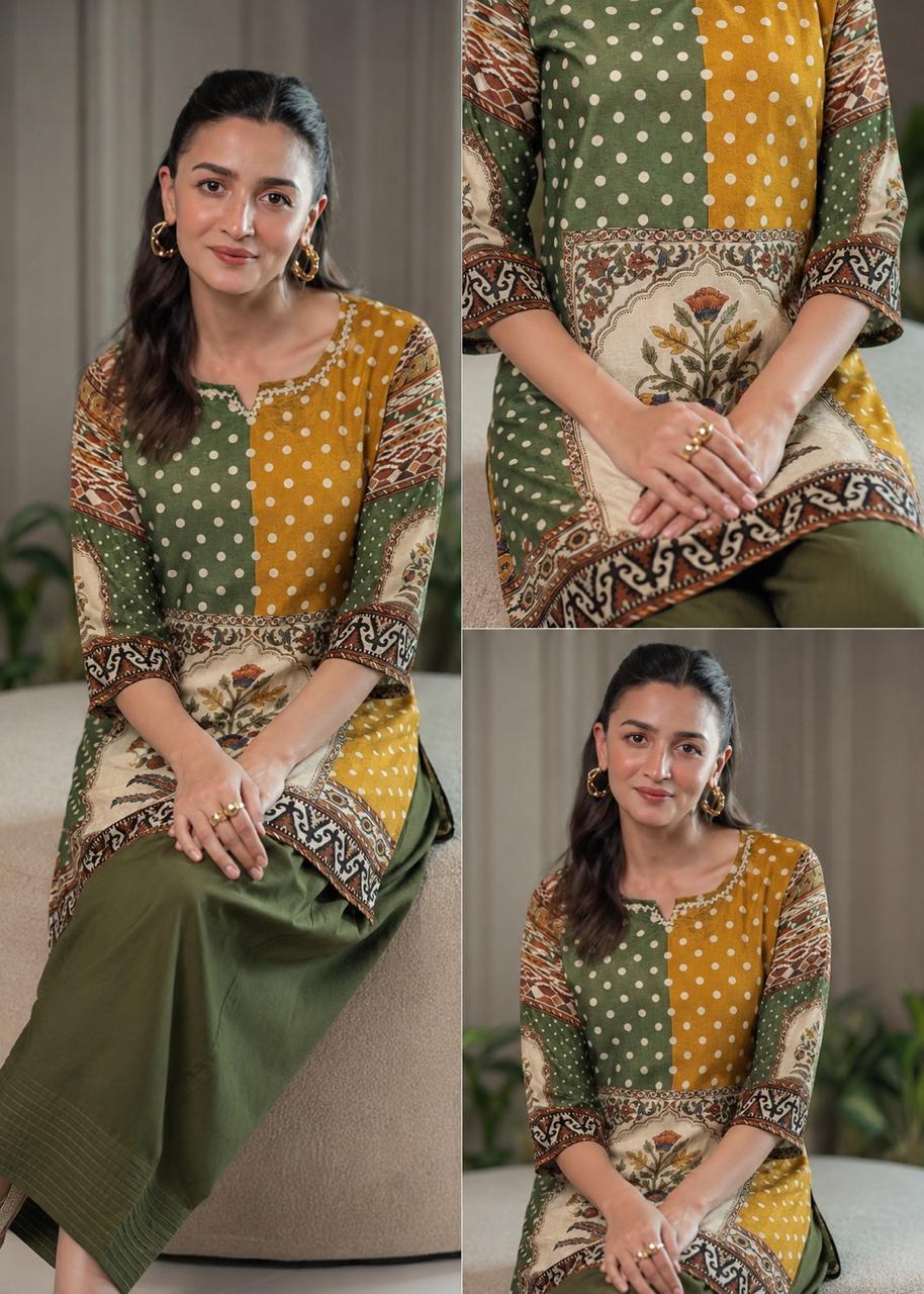 Super pretty crepe co ord in green n yellow paired with farshi
