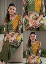 Super pretty crepe co ord in green n yellow paired with farshi