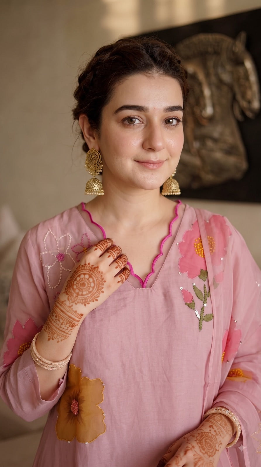 Brush painted premium Mul Chanderi Anarkali suit set in pink