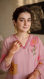 Brush painted premium Mul Chanderi Anarkali suit set in pink
