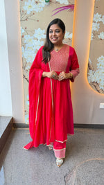 Premium Mul cotton zari detailing suit set in red n pink
