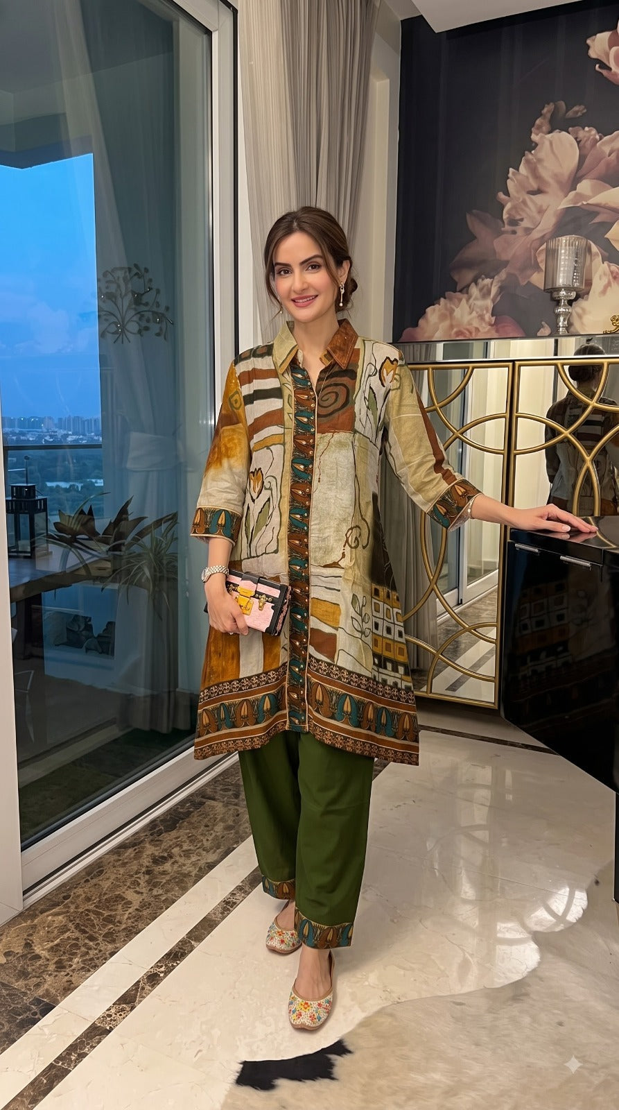 Pure crepe digital printed co ord in green