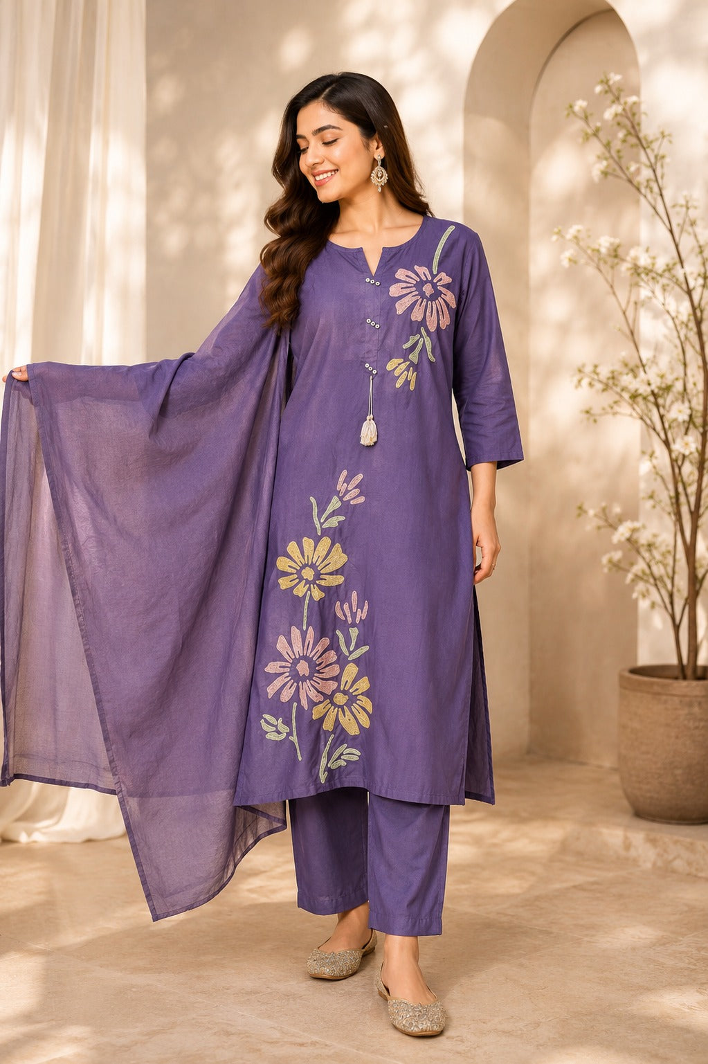 Pure cotton 3d embroidery suit set in purple