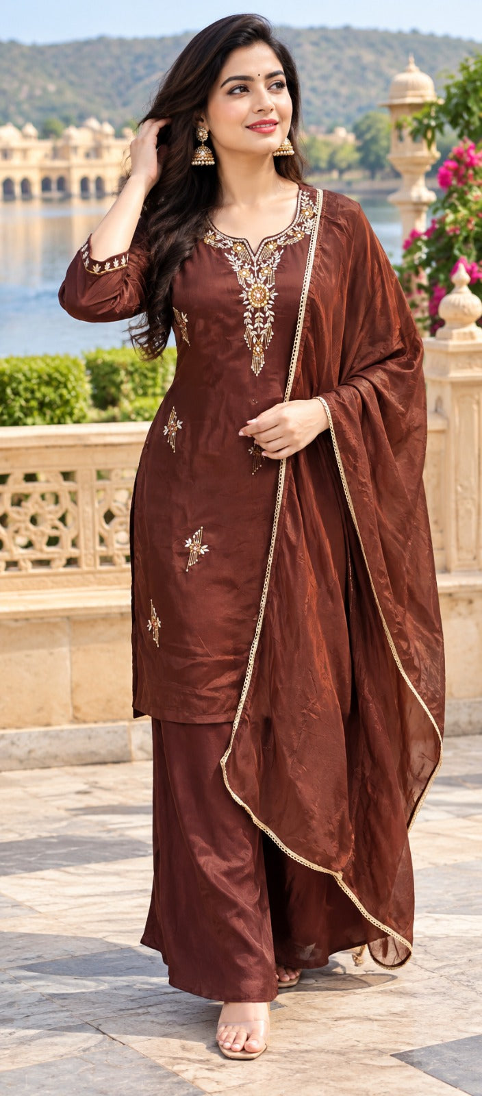 Pretty crepe silk zardosi handwork full suit set in brown