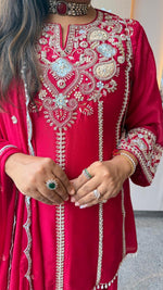 Heavily embellished pretty chinon handwork farshi salwar suit set in red