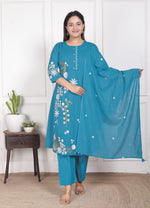 Premium cotton embroidered full suit set in blue