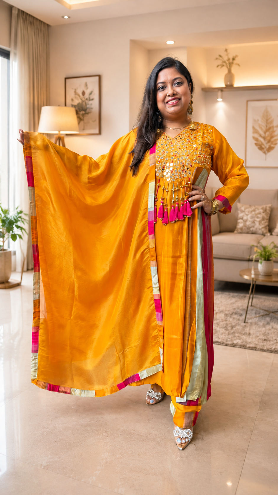 Pretty viscose organza Anarkali suit set with real mirror