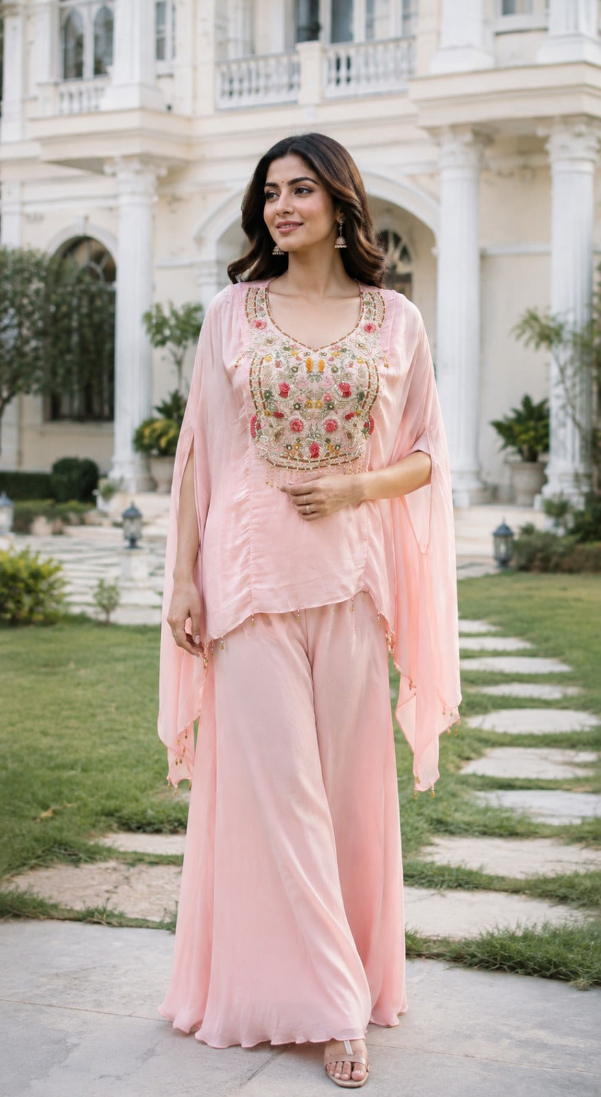 Premium chinon handwork designer Co ord in baby pink