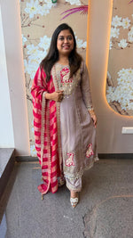 Super gorgeous tissue (slim fit) in lilac suit set with real mirror n pearl detailing suit set