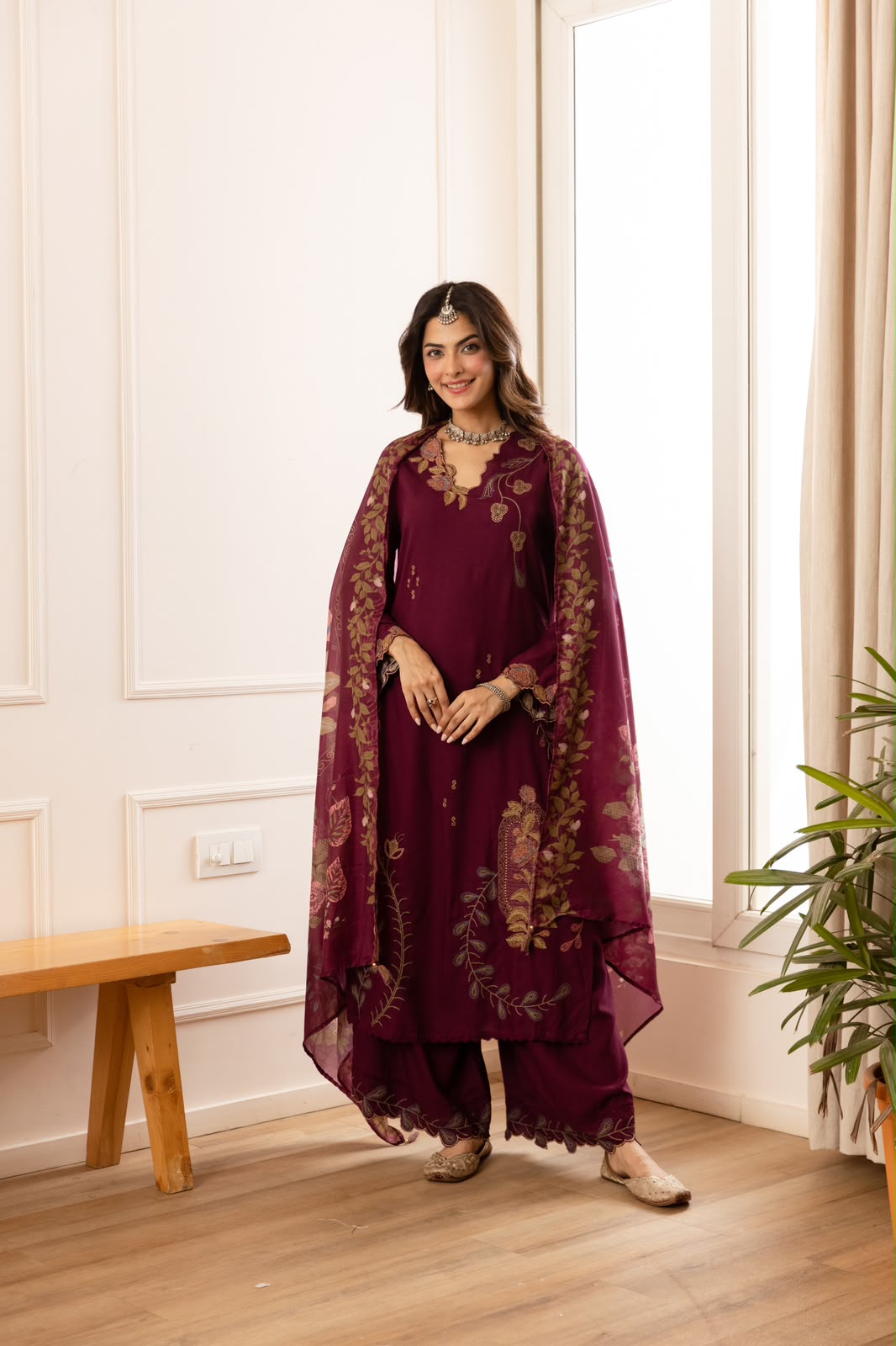 Cutwork suit paired with cutwork plazzo heavy slub cotton full suit in wine