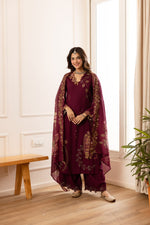 Cutwork suit paired with cutwork plazzo heavy slub cotton full suit in wine