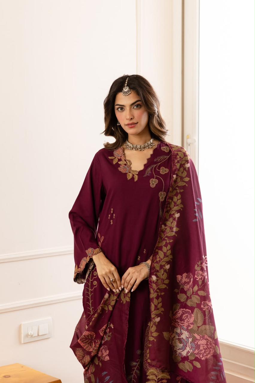 Cutwork suit paired with cutwork plazzo heavy slub cotton full suit in wine