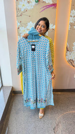 Gorgeous chequered full suit set with embroidery on sleeves and Daman in blue