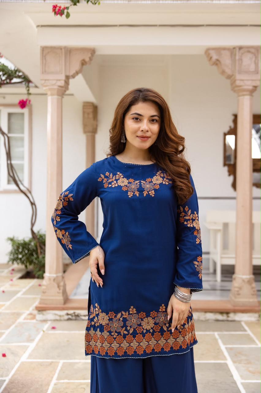 Pretty slub cotton embroidered plazzo set in royal blue