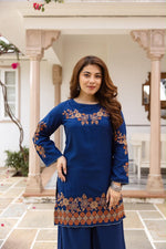 Pretty slub cotton embroidered plazzo set in royal blue
