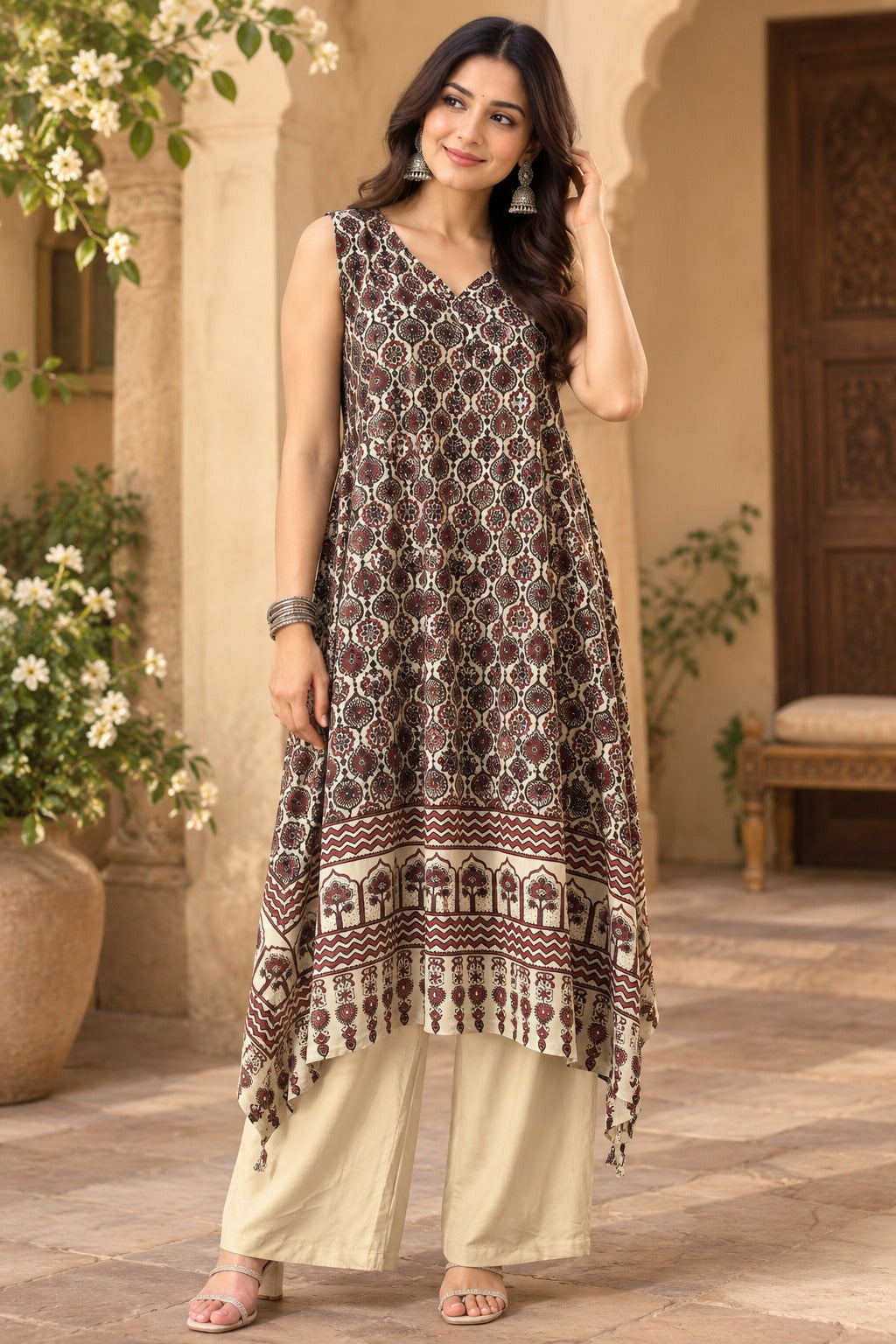 Real mirror sleeveless ajrakh crepe silk kurta pant (extra sleeves available)