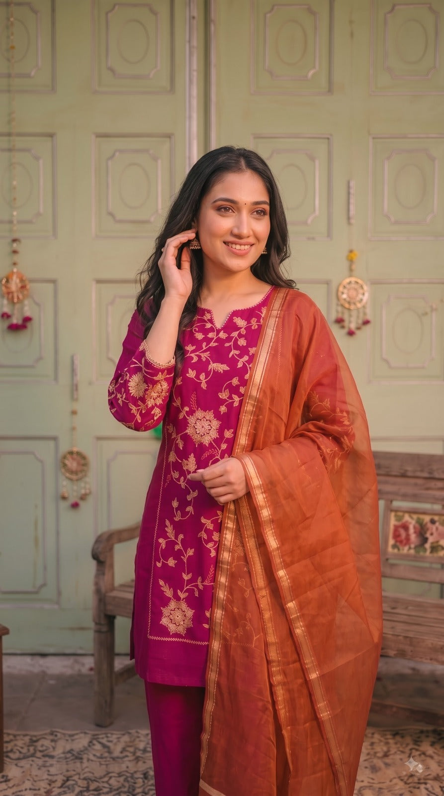 Zari embroidered banarsi super soft Mul chanderi lining full suit in pink(dupatta may be orange or pink )