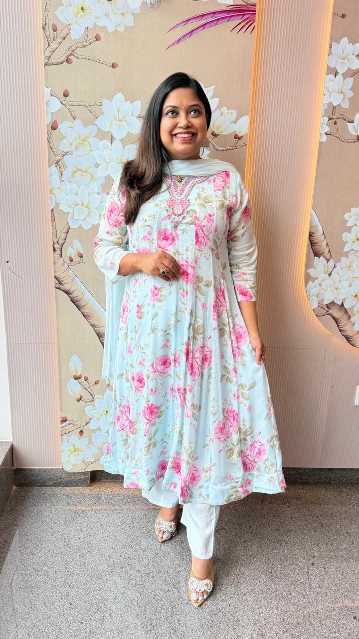 Premium chinon handwork Anarkali suit set with lining in blue