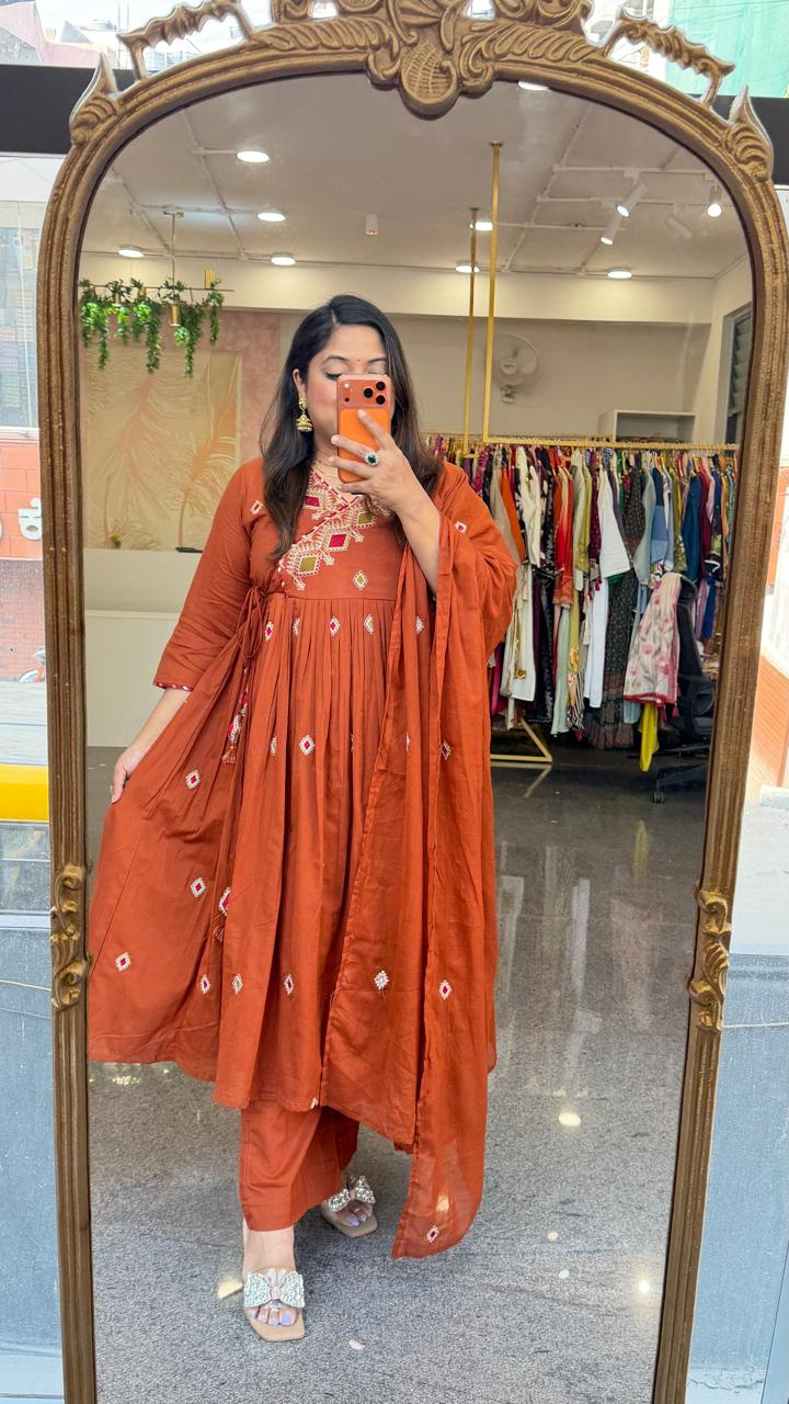 Super premium zari embroidered cotton angrakha Anarkali suit set in orange
