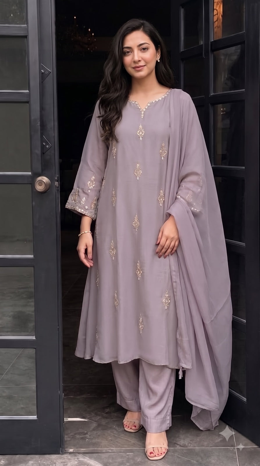Super pretty handwork chinon purple suit set