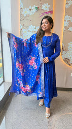 Premium chinon full sequins detailing Anarkali suit set paired with weaved banarsai dupatta in royal blue
