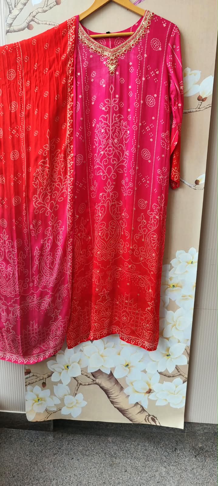 Premium chinon handwork suit set in red n pink