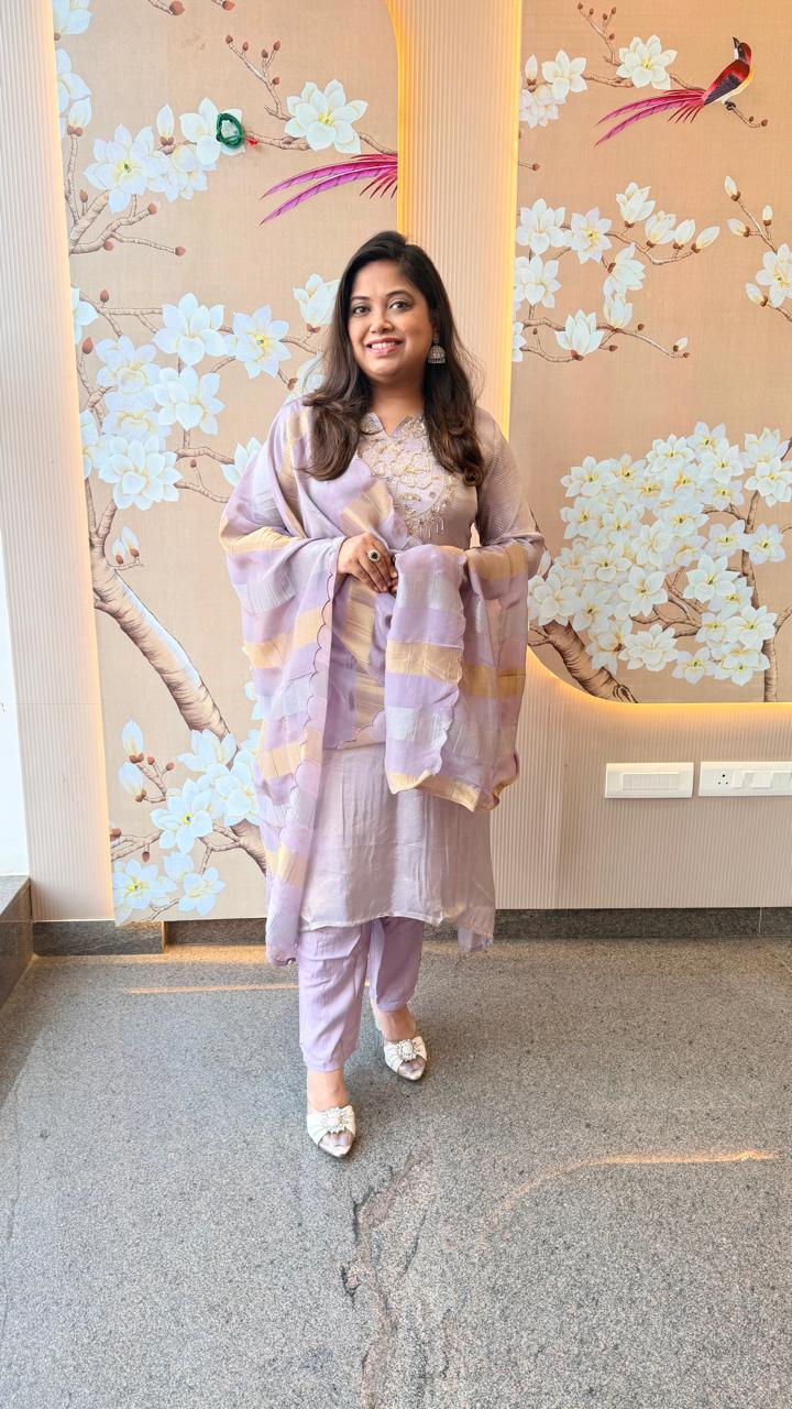 Designer handwork tissue suit set in lilac